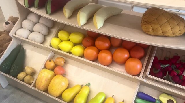toys vegetables and fruits in a children's play store, a store counter with toy products in a children's playroom. colorful vegetables and fruits toys.