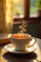 Fototapeta premium A steaming cup of tea, perfectly brewed, sits on a cozy table, sunlight streaming in Warm, comforting, and inviting, the scene evokes feelings of pure happiness and relaxation , beverage, joy