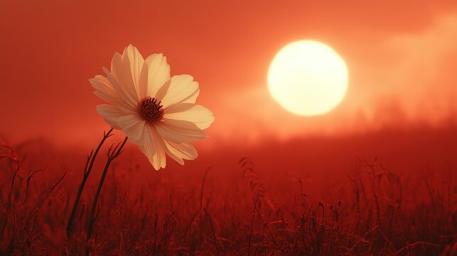 White flower on red background close-up, black mountain with illuminated circle, atmospheric macro photography with warm tones and strong chiaroscuro lighting, cinematic volumetric light