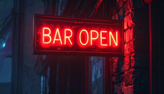 A glowing red neon sign illuminating a dark street, announcing 'BAR OPEN' with an inviting luminescence