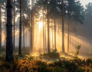 Misty pine forest at dawn, ethereal atmosphere, rays of light shining through the tall trees