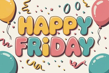 Colorful Happy Friday Greeting with Balloons and Confetti for Celebration