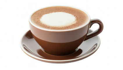 A beautifully crafted cup of hot chocolate with a smooth frothy top. placed on a matching saucer. set against a clean white background. ideal for beverage-related content