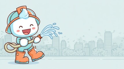 Cartoon Firefighter with Hose in Cityscape