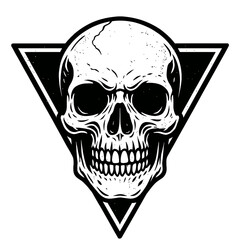 Menacing grunge skull illustration in a bold black triangle frame, featuring detailed macabre artwork for edgy apparel, gothic designs, heavy metal graphics, tattoo art, and dark a
