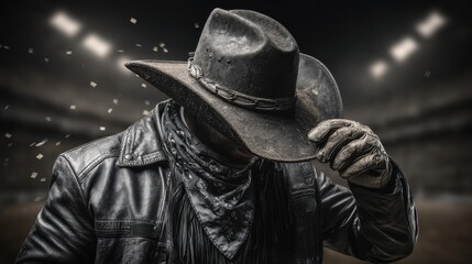 Cowboy with Leather Jacket and Hat Tipping Brim