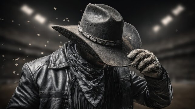 Cowboy with Leather Jacket and Hat Tipping Brim