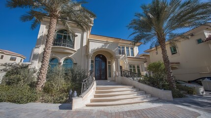 Fototapeta premium Elegant luxury residence entrance with architectural details and lush greenery, showcasing timeless sophistication and harmony with nature.