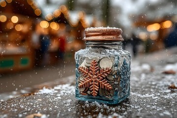 Blue snowflake jar with coins
