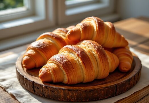 freshly baked croissants on rustic wooden tray, morning light highlighting texture, golden brown crust with soft shadows.