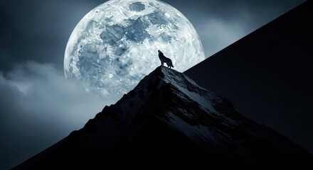 Lone wolf howling at the full moon on a mountain peak