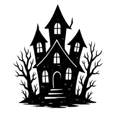Eerie Halloween Haunted House Silhouette Digital Art. Spooky Mansion Illustration with Gnarled Trees, Creepy Castle Graphic, Mysterious Abandoned Building, Perfect for Holiday Deco