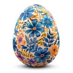 A cream-colored egg adorned with a vibrant floral pattern, featuring blue, orange, and purple flowers and leaves, is presented against a stark white background, casting a subtle shadow beneath it