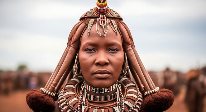 Dignified Gaze of a Himba Woman with Traditional Ochre-Coated Braids and Ornate Headdress.