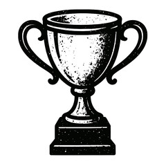 Black and white distressed trophy cup illustration, symbolizing victory, achievement, and success. Grunge award design for championships, recognition, and winning themes. Classic c