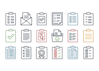 Collection of Outline Clipboard Icons for Business Tasks Project Management and Survey Results Presentation