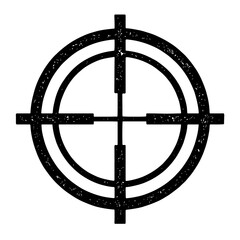 Distressed black crosshair reticle target sight icon, a vintage aiming symbol with concentric circles and grunge texture, perfect for gaming, hunting, and precision graphics.