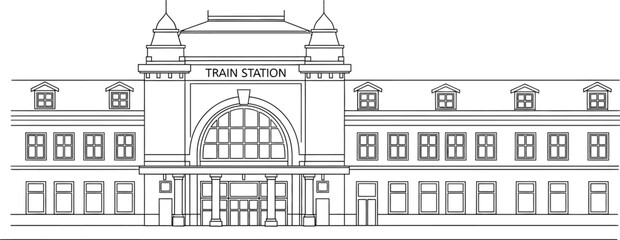 Fototapeta premium Train Station Building Facade, Architecture in Black and White Line