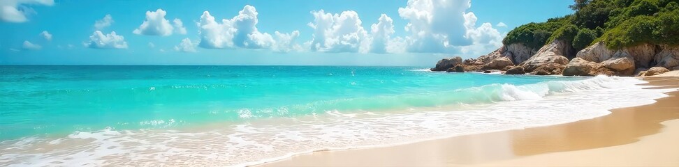 Obraz premium Sun-drenched beach, turquoise waves gently lapping the shore, vibrant summer sky Perfect for travel, vacation, or summer themed projects , landscape, vacation, tropical