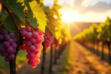 Sun-drenched bunches of ripe grapes hanging heavy on the vine, ready for harvest Golden sunlight illuminates the vineyard in autumn A bountiful harvest awaits , food, winery, harvest time