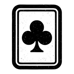 Distressed black clubs playing card icon on a white background, featuring a vintage grunge texture and thick rounded border. Ideal for game design, casino themes, or retro projects