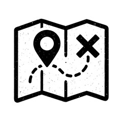 Vintage distressed grunge map icon, perfect for journey, adventure, and exploration designs. Features a clear location pin, a dotted route path, and an 'X' marking the exciting tre