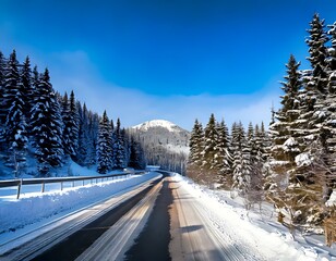 Obraz premium Snowy mountain road, vibrant blue sky