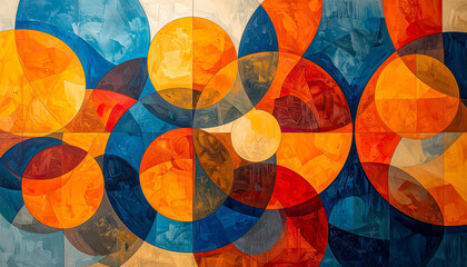 Fototapeta premium Geometric Abstract Painting with Overlapping Circles in Orange Blue and Red background