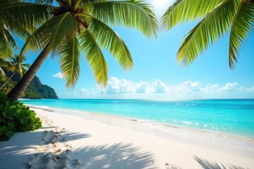 Obraz premium Sun-drenched white sand beach, turquoise water laps gently at the shore, palm trees sway in the breeze Perfect tropical getaway scene Serenity, relaxation, escape , exotic, vibrant, clear water