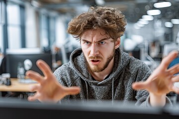 Young man with an intense and angry expression, looking furiously at a computer screen in an office environment.