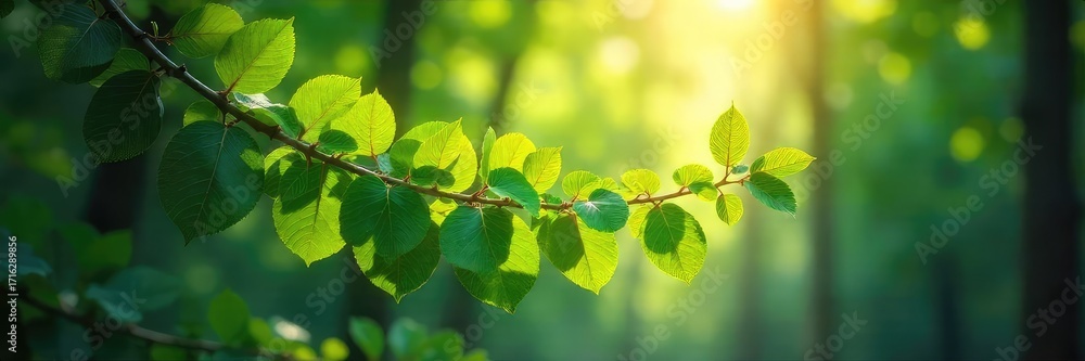 Poster sunlight dappling through the leaves of a dense, lush forest branch, creating a magical, ethereal sc