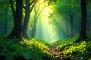Obraz premium Sunlight dapples through the leaves of a lush, green forest, illuminating the forest floor and creating a magical atmosphere Perfect for nature, environment, and ecology themes , environment, calm