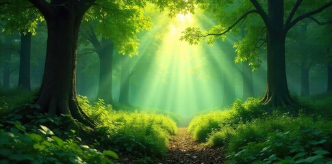 Obraz premium Sunlight dappling through the canopy of a lush, green forest, illuminating the forest floor and creating a magical atmosphere Perfect for nature, environment, and serenity themes , autumn, texture