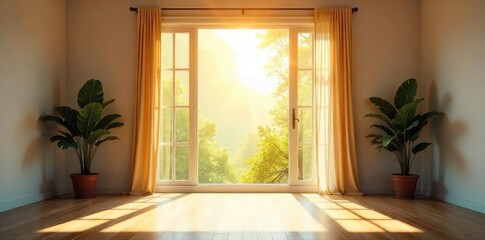 Fototapeta premium Sunlight streams through a wide open window, illuminating a bright, airy room, signifying freedom and the joy of daylight , house, open, morning light