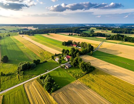 Aerial view of rural fields and farmhouses under a partly cloudy sky - Powered by Adobe