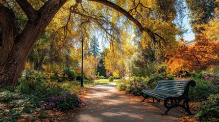 Vibrant Fall Foliage in Davis, California's Arboretum: A Colorful Autumn Scene with Benches
