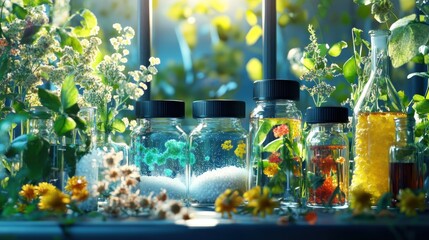 Glass bottles with plants and crystals, illuminated by sunlight.