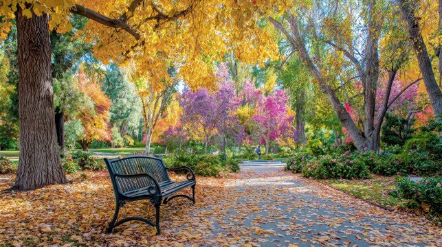 Autumn Beauty at UC Davis, California: Vibrant Fall Colors Surrounding a Tranquil Campus Bench