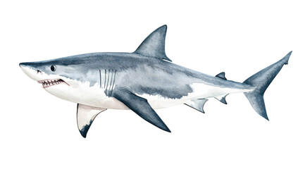 Obraz premium A realistic watercolor illustration of a great white shark swimming gracefully in clear blue waters. its powerful physique and detailed features. suitable for educational and marine life projects