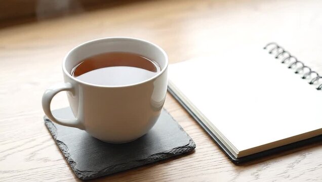 Warm beverage in a mug next to a blank notebook on a wooden table.