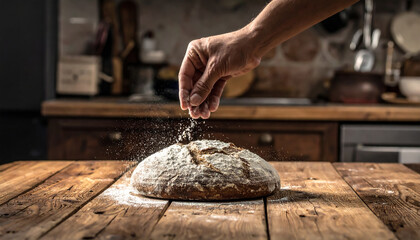Sprinkling flour on rustic sourdough bread for homemade baking in warm kitchen light atmosphere