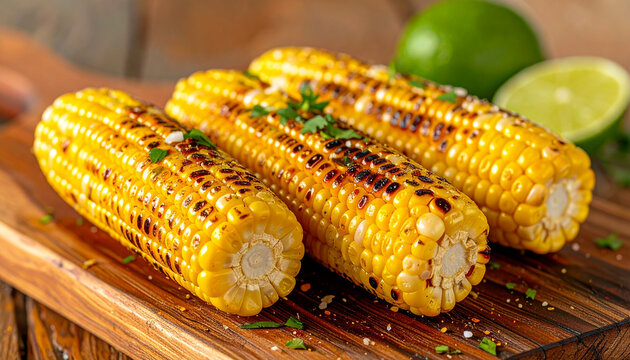 Grilled corn on wooden board. Tasty food. Delicious elotes and Mexican cuisine. Cooking and culinary