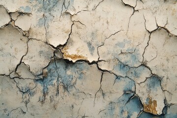 Obraz premium A close-up view of a weathered, cracked surface exhibiting a mix of muted beige, cream, and faded blue tones, creating a texture of aged plaster or stucco.