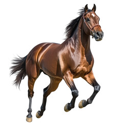 Obraz premium A majestic brown horse galloping energetically across a bright white background. its powerful physique and graceful movement. ideal for equine-themed projects or sports imagery