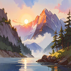 Mountain range with glowing sunrise
