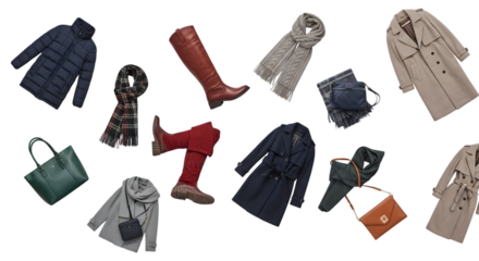 Overhead Flat Lay of Coats Boots Scarves and Handbags