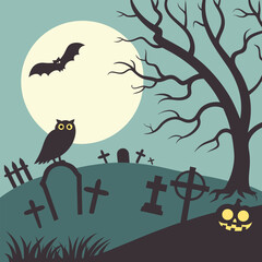 Spooky Halloween Owl in Graveyard Vector