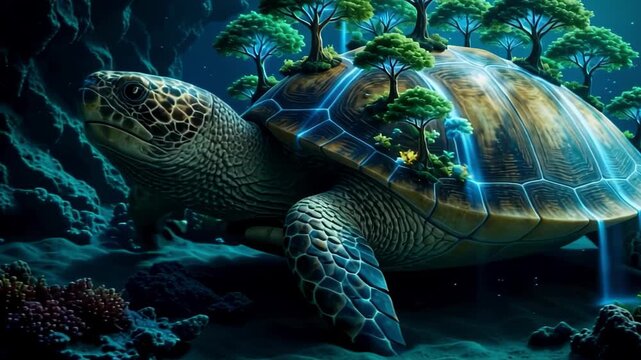 A magnificent, ancient turtle with a glowing, futuristic shell adorned with miniature trees, swimming in a mystical underwater realm