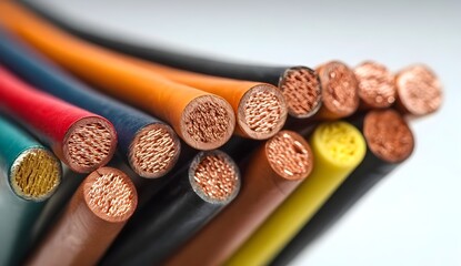 Close-up of colorful electrical copper wires with insulation. Cross-section view of multi-colored cables used in electricity, electronics, or industrial wiring. Macro shot on white background