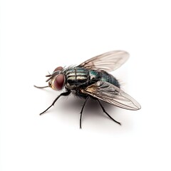 Obraz premium Close-up of a Common Fly: A detailed view of a common fly, showcasing its intricate compound eyes, delicate wings, and segmented body.